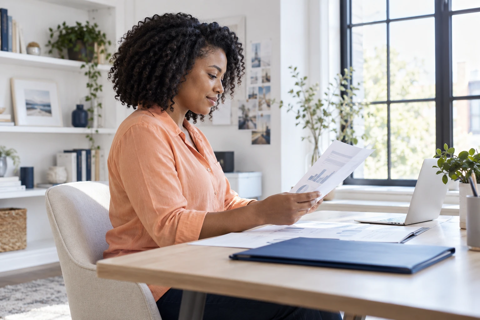 A seller reviewing the month at a desk.